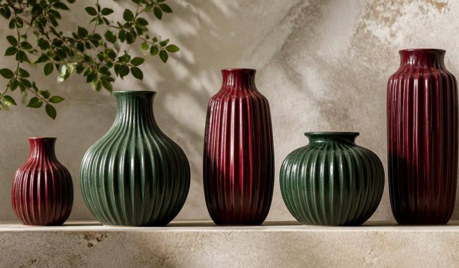 Vasi e ciotole in ceramica colorata con scanalature decorative in rilievo