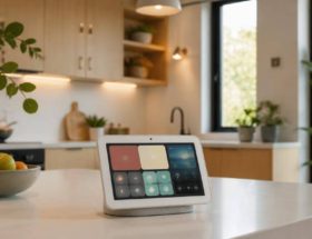 Schermo intelligente da tavolo collocato sul piano di una cucina contemporanea per il controllo della casa connessa.