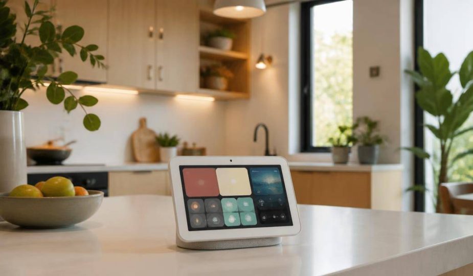 Schermo intelligente da tavolo collocato sul piano di una cucina contemporanea per il controllo della casa connessa.