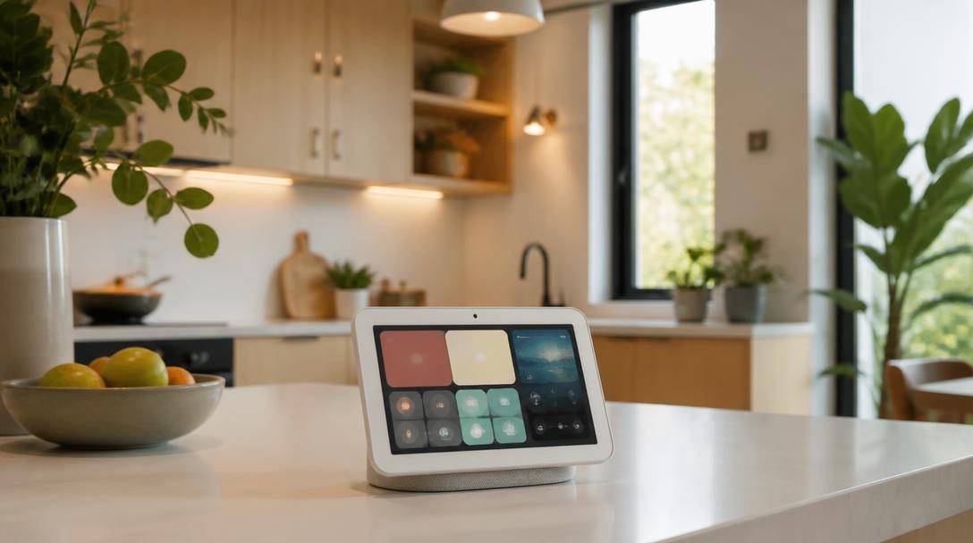 Schermo intelligente da tavolo collocato sul piano di una cucina contemporanea per il controllo della casa connessa.