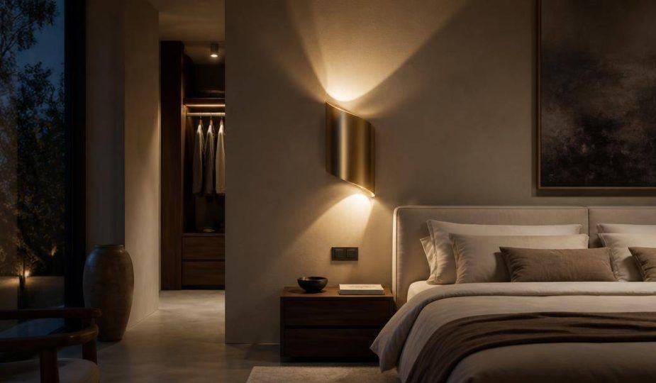 Applique dorata dalla forma curva che proietta suggestivi riflessi luminosi sulla parete di una camera da letto.