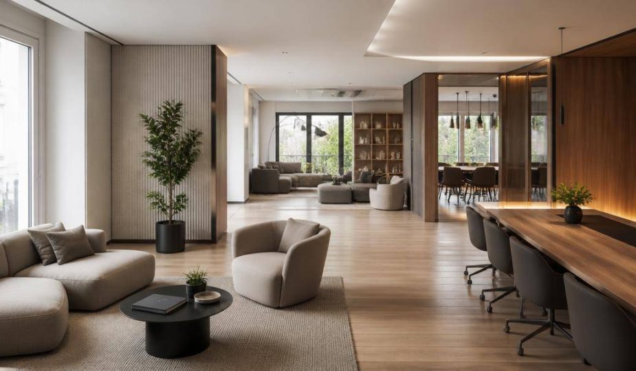 Spazio di lavoro contemporaneo con arredi in legno, sedute imbottite, superfici tessili e dettagli metallici.