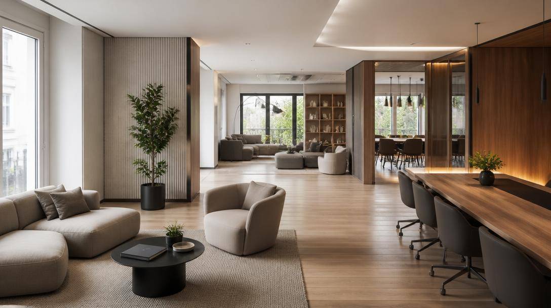 Spazio di lavoro contemporaneo con arredi in legno, sedute imbottite, superfici tessili e dettagli metallici.