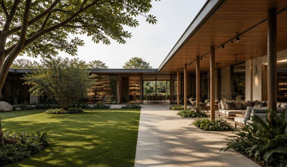 Residenza contemporanea con pianta a L, veranda e cortile interno affacciato sul giardino