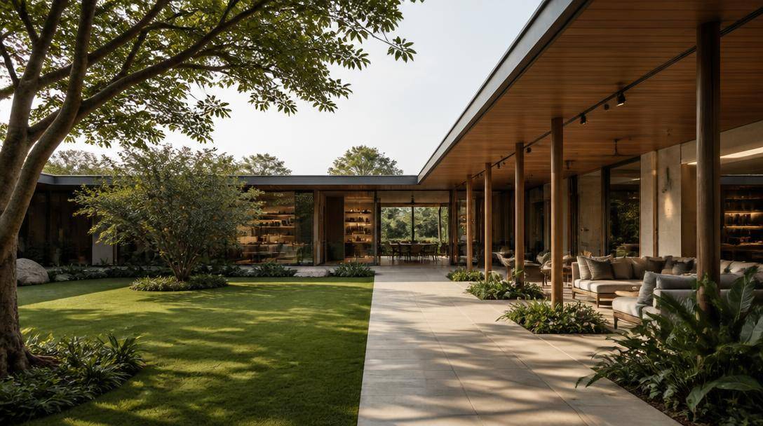 Residenza contemporanea con pianta a L, veranda e cortile interno affacciato sul giardino