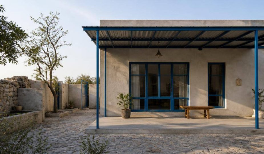 Abitazione contemporanea dalle forme essenziali con intonaco chiaro, elementi metallici blu e cortile