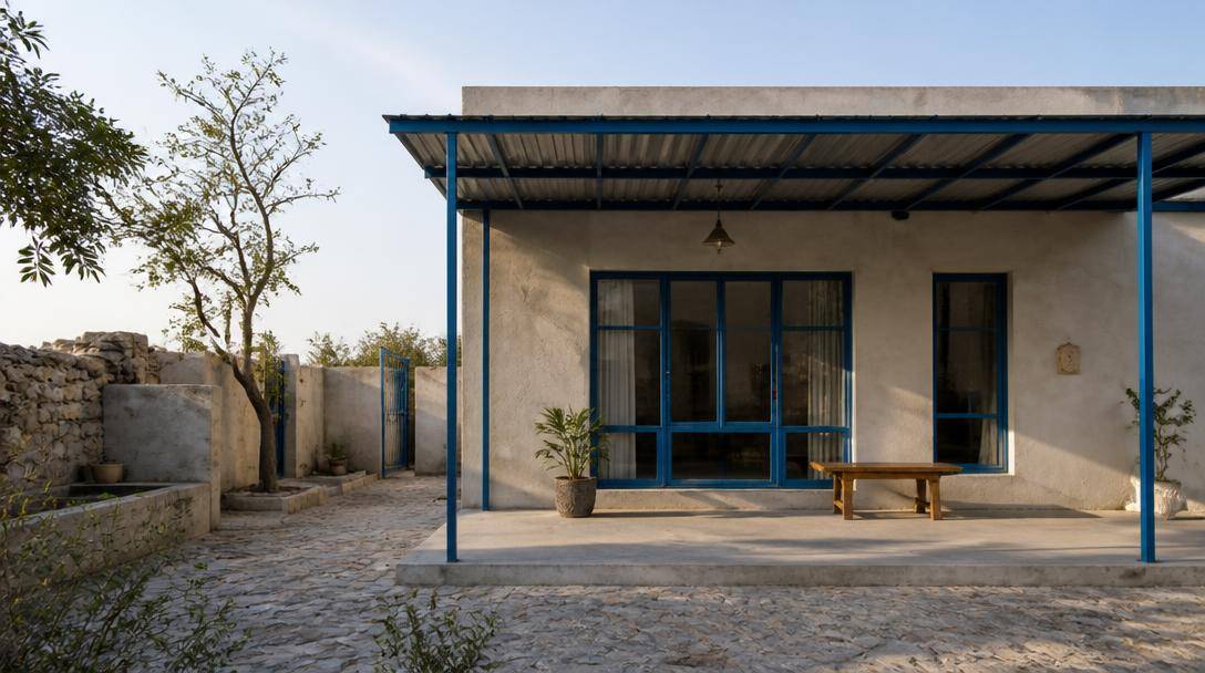 Abitazione contemporanea dalle forme essenziali con intonaco chiaro, elementi metallici blu e cortile