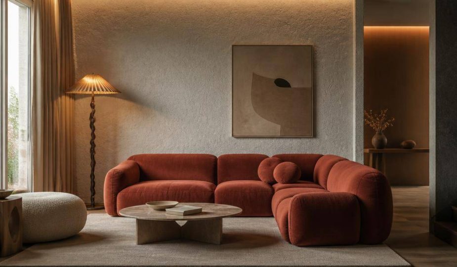 Soggiorno contemporaneo con divano, superfici materiche e illuminazione studiata.