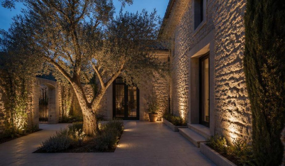 Giardino residenziale al crepuscolo con faretti incassati nel pavimento che illuminano una facciata e un ulivo.