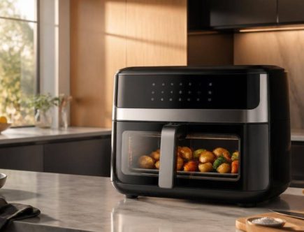 Friggitrice ad aria digitale con finestra di cottura su un piano di lavoro di una cucina moderna.
