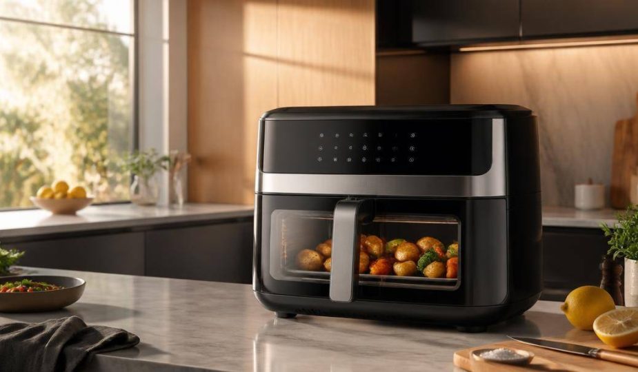 Friggitrice ad aria digitale con finestra di cottura su un piano di lavoro di una cucina moderna.
