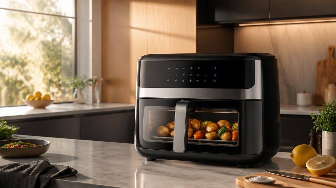Friggitrice ad aria digitale con finestra di cottura su un piano di lavoro di una cucina moderna.