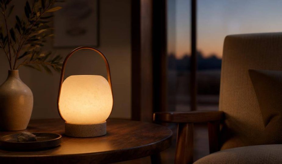 Piccola lampada portatile in ceramica illumina un tavolino accanto a una poltrona.