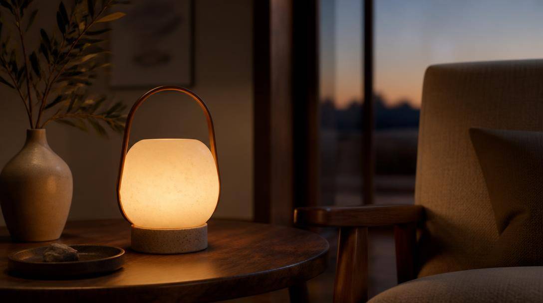 Piccola lampada portatile in ceramica illumina un tavolino accanto a una poltrona.