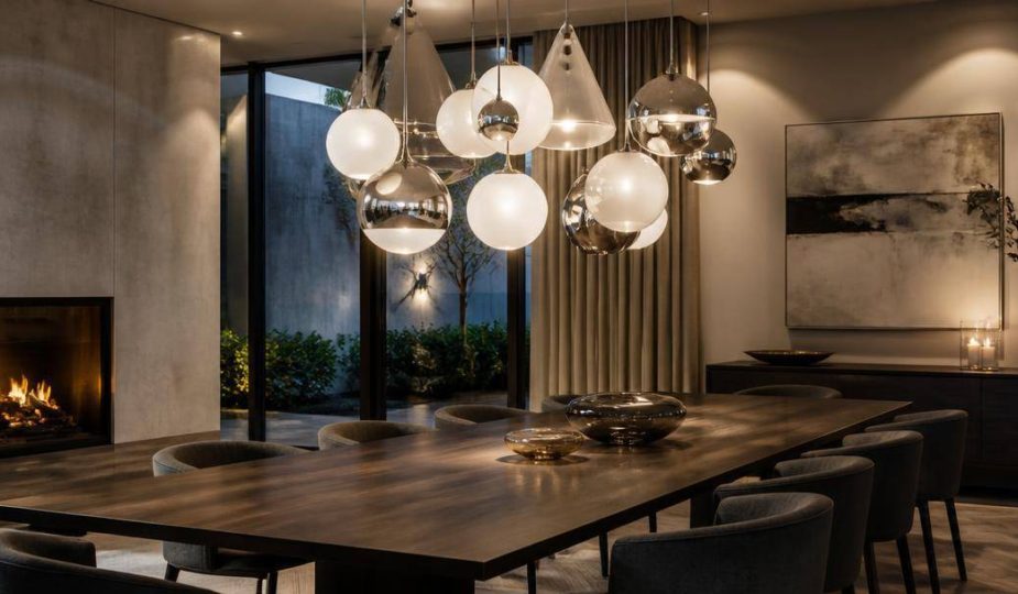Lampadari scultorei in vetro opalino e argentato sospesi sopra il tavolo di una sala da pranzo contemporanea.