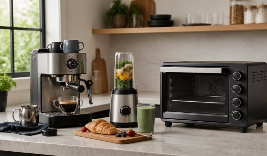 Macchina per il caffè, frullatore e forno compatto disposti su un piano cucina per una prova comparativa.