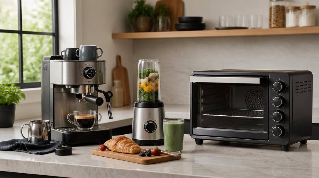 Macchina per il caffè, frullatore e forno compatto disposti su un piano cucina per una prova comparativa.