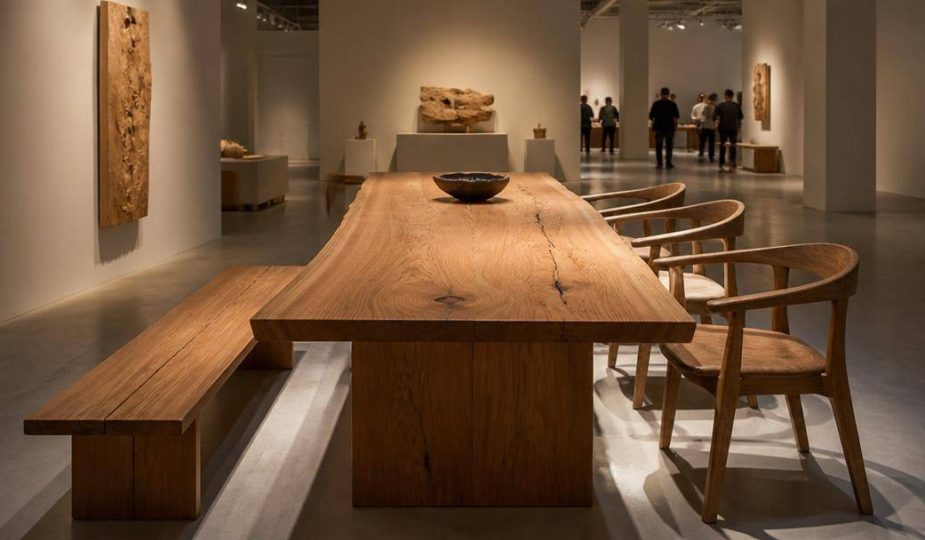 Tavolo scultoreo in legno massello con venature naturali esposto in uno spazio dedicato al design contemporaneo.
