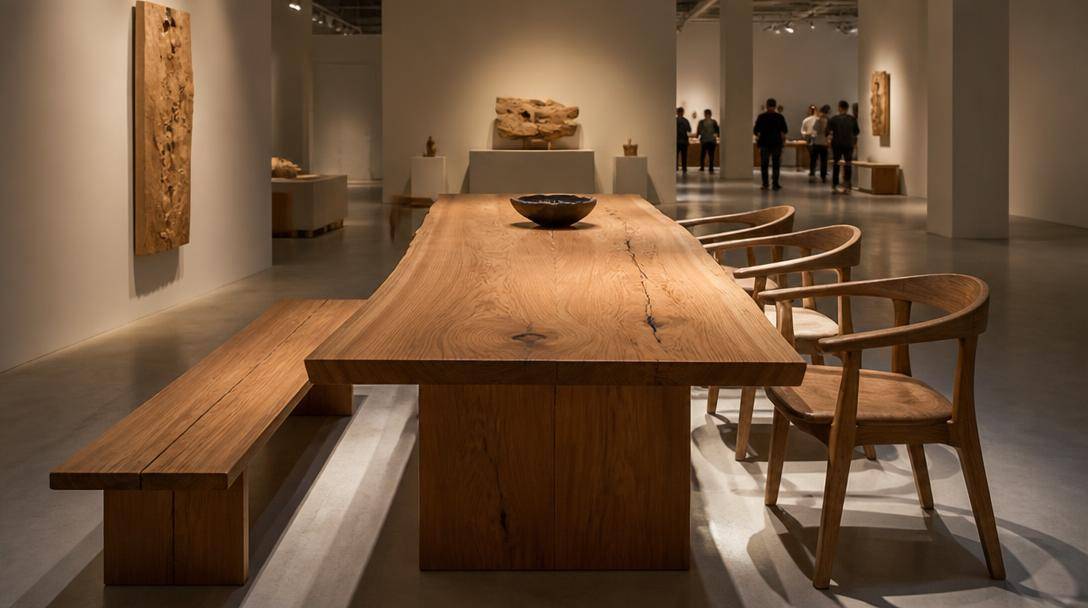Tavolo scultoreo in legno massello con venature naturali esposto in uno spazio dedicato al design contemporaneo.