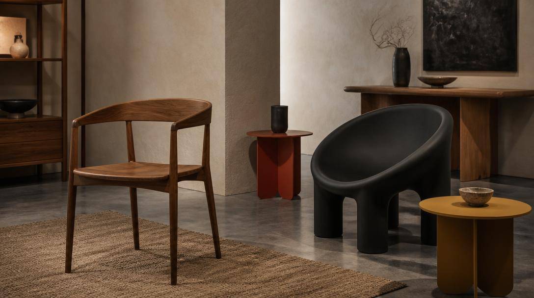 Sedute dalle finiture in legno e nero accostate a tavolini colorati in uno showroom.