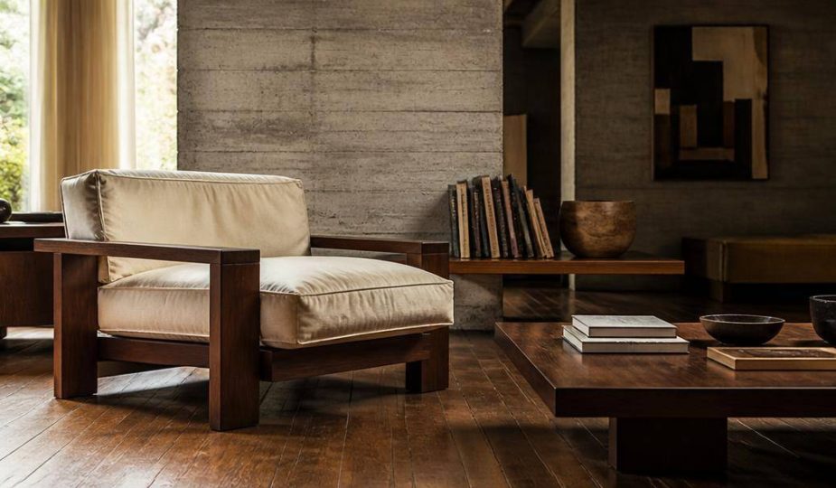 Poltrona dalle forme geometriche e dalle imbottiture generose in un soggiorno di ispirazione modernista.