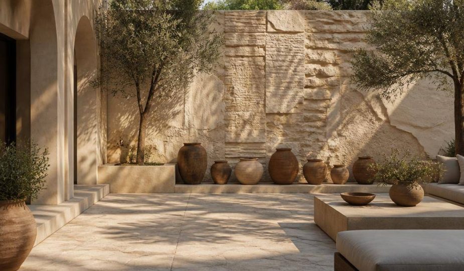 Cortile mediterraneo con parete decorativa, piante in vaso e arredi da esterno.
