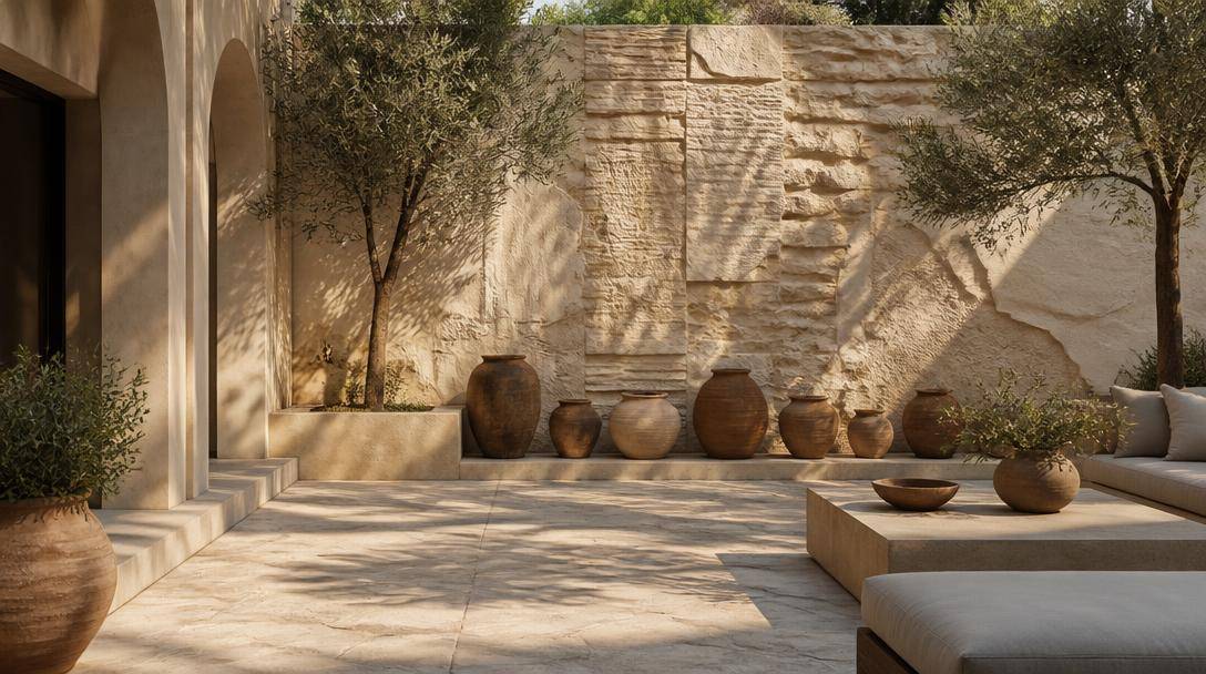 Cortile mediterraneo con parete decorativa, piante in vaso e arredi da esterno.