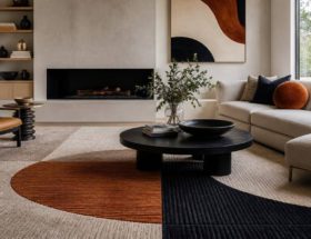 Tappeti di design con motivi geometrici e linee pittoriche in un soggiorno