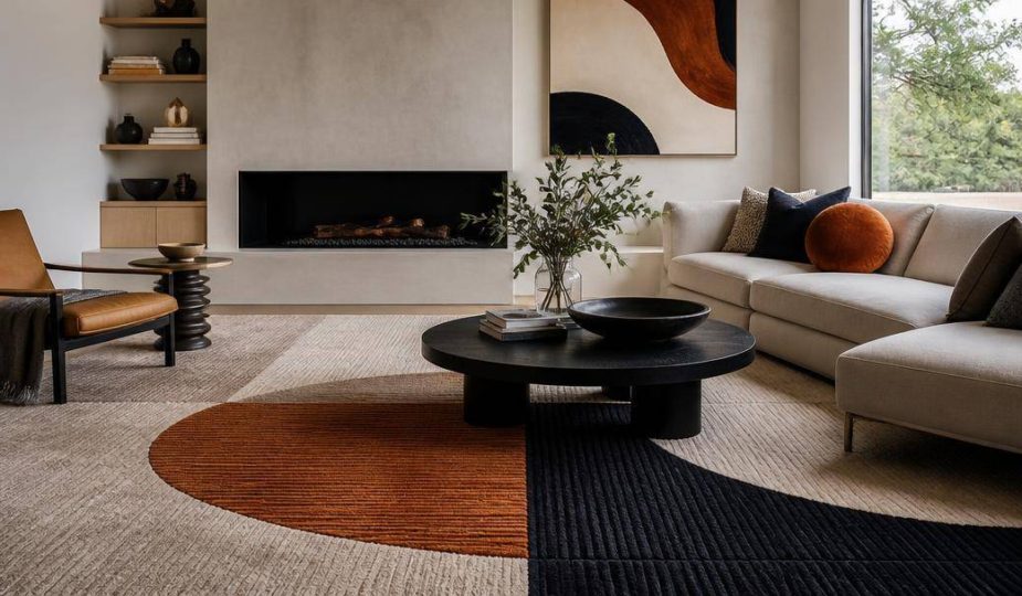 Tappeti di design con motivi geometrici e linee pittoriche in un soggiorno