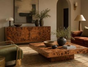 Soggiorno arredato con legno dalle venature evidenti, dettagli in ottone, ceramiche artigianali e tonalità naturali.