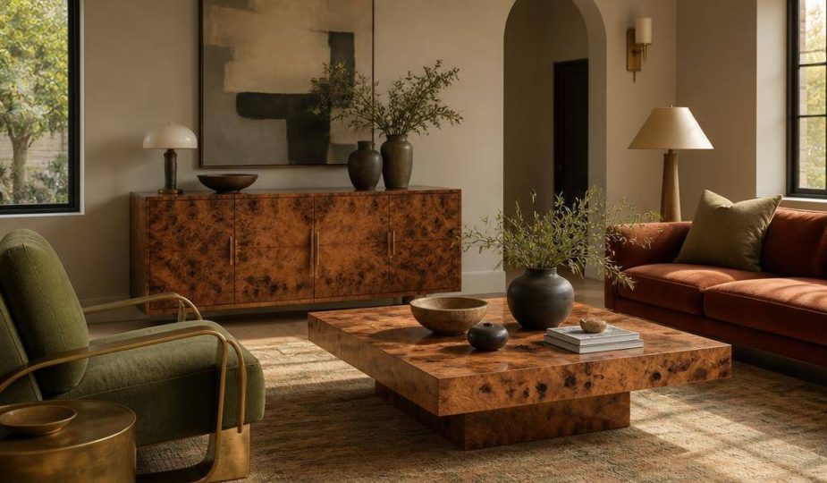 Soggiorno arredato con legno dalle venature evidenti, dettagli in ottone, ceramiche artigianali e tonalità naturali.