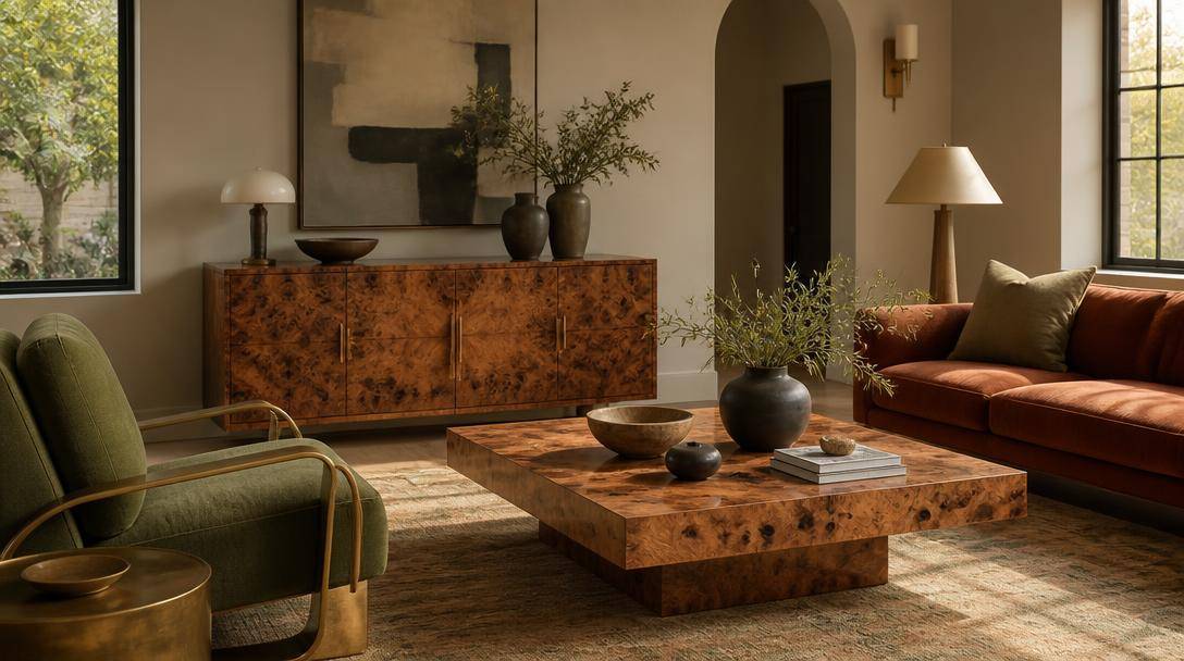 Soggiorno arredato con legno dalle venature evidenti, dettagli in ottone, ceramiche artigianali e tonalità naturali.
